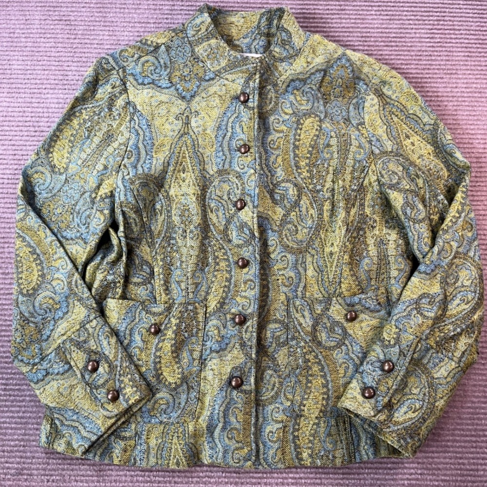 Coldwater Creek Paisley Tapestry Jacket Mandarin Collar Gold Blue Green PS